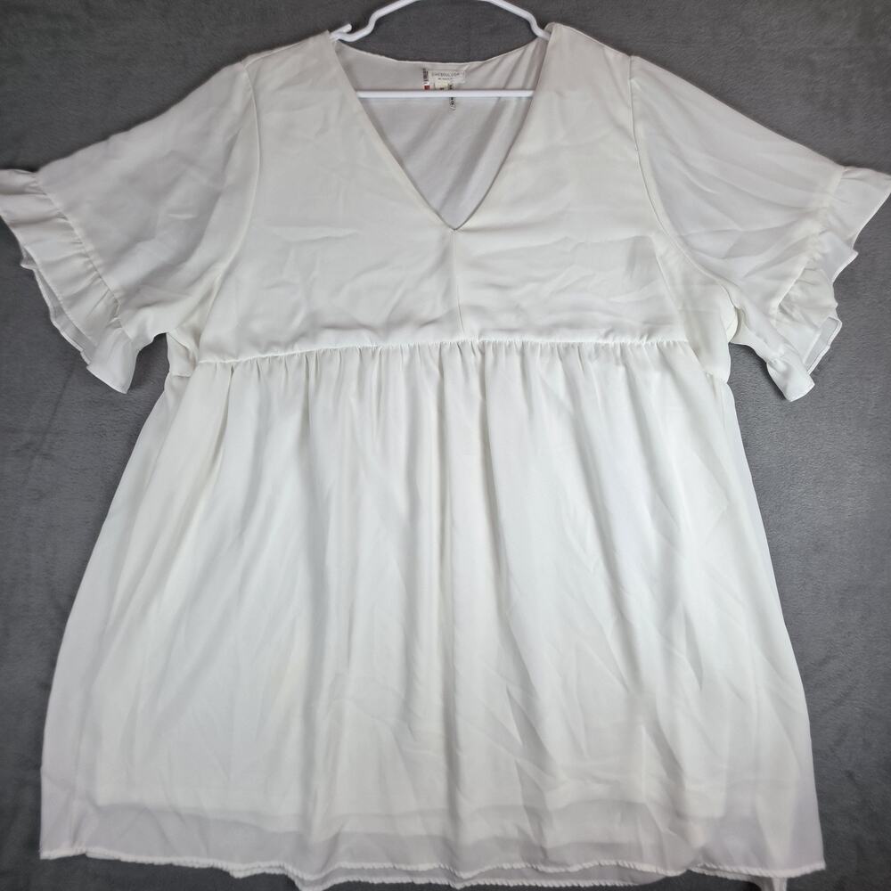 ChicSoul Women’s Blouse 3X White V-Neck Flowy Babydoll Top Plus Size Lightweight